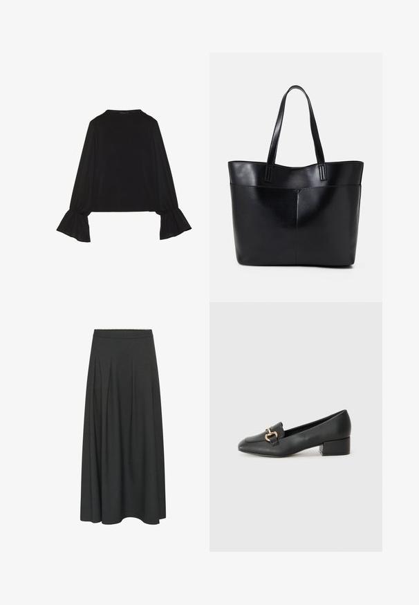 Zwarte langemouwen top met uitlopende manchetten, een zachte textuur en een relaxed fit, met een eenvoudige ronde halslijn.; Lange donkergrijze A-lijn rok met een aansluitende tailleband en subtiele plooien die van de taille naar de zoom lopen.; Zwarte lederen instappers met een platte hak, met een decoratieve gouden hardware detail aan de voorkant en een gladde textuur.; Zwarte leren tote bag met twee lange handvatten, een zachte textuur en een gestructureerde vorm. Voorzien van een voorvak voor extra opslagruimte.