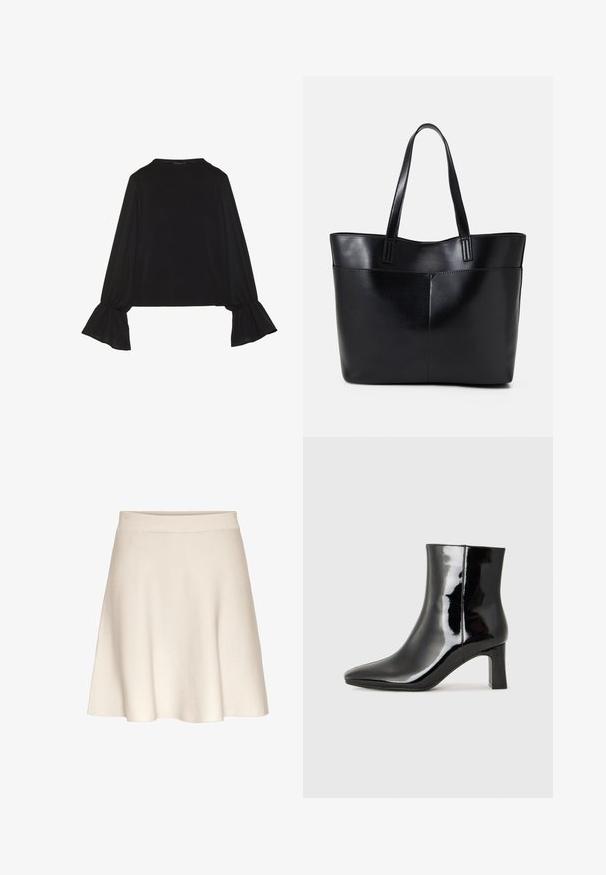 Black long-sleeve top featuring flared cuffs, soft texture, and a relaxed fit, with a simple round neckline.; A flared, beige skirt made from soft fabric with a smooth texture, featuring a wide waistband and a knee-length hem.; Black patent leather ankle boot with a pointed toe and a mid-height block heel. Smooth texture and minimalist design.; Black leather tote bag with two long handles, a smooth texture, and a structured shape. Features a front pocket for additional storage.