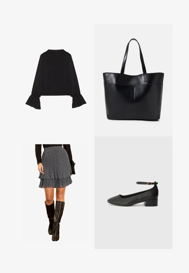 Fekete, hosszú ujjú felső, harang alakú mandzsettákkal, puha textúrával és laza szabással, egyszerű, kerek nyakkivágással.; Fekete-fehér mintás, réteges szoknya fodros kialakítással, térd fölé érő fekete bőr csizmával párosítva. Simább textúra és szabott derék.; Fekete bőr magassarkú cipő hegyes orral és alacsony tömb sarkal. Bokapánttal rendelkezik, aranyszínű csattal. Simább textúra.; Fekete bőr bevásárlótáska két hosszú fogantyúval, sima felülettel és strukturált formával. Elülső zseb található rajta a plusz tárolás érdekében.