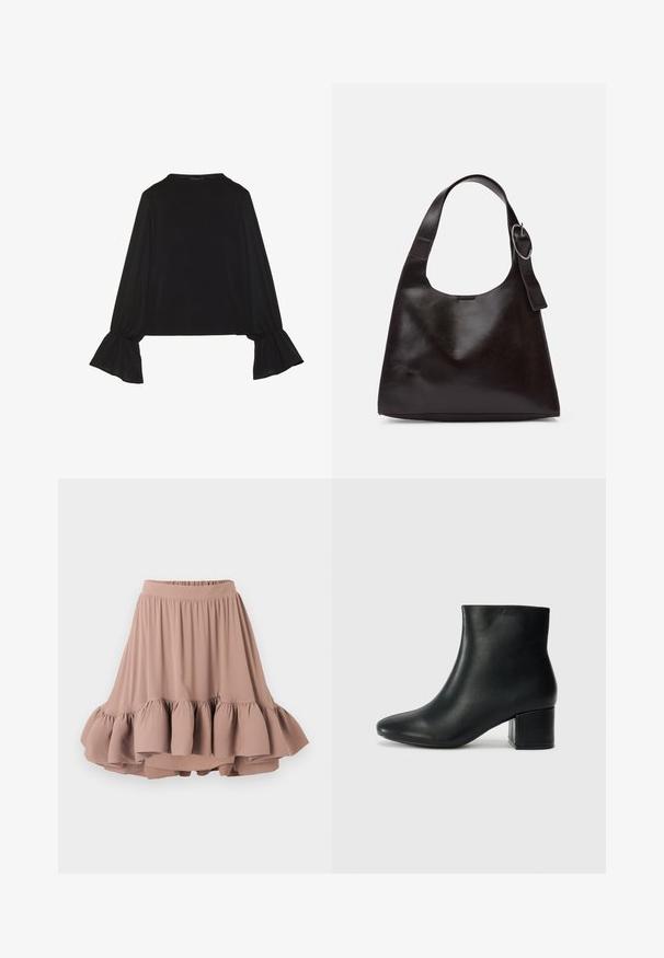 Top negru cu mânecă lungă, cu mansete evazate, textură moale și croială lejeră, având un guler rotund simplu.; Fustă midi de culoare maro deschis, realizată dintr-un material moale, având un talie lata și o margine flared cu volane suprapuse. Textură netedă pe întreaga suprafață.; Cizme negre din piele până la gleznă, cu vârf ascuțit și toc robust. Textură netedă, cu accente minime și un design elegant, ajustat.; Geantă de umăr din piele maro, cu o textură netedă, formă rotunjită, curea largă și un accent metallic circular pe mânere.