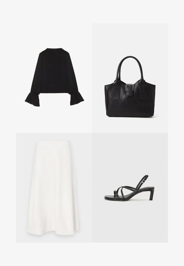 Czarny top z długim rękawem, z rozkloszowanymi mankietami, miękką fakturą i luźnym krojem, z prostym okrągłym dekoltem.; Biała spódnica w kształcie litery A, wykonana z gładkiego materiału, z wysokim stanem i subtelnymi detalami szwów, zwężająca się ku rozkloszowanemu dołowi.; Czarne sandały na obcasie z prostokątnym noskiem i niskim słupkowym obcasem. Posiadają wiele cienkich pasków i regulowany pasek na kostkę. Wykonane z gładkiej skóry.; Czarna skórzana torba tote o gładkiej fakturze, usztywnionym kształcie, dwóch uchwytach oraz wyraźnym srebrnym zapięciu na przodzie.