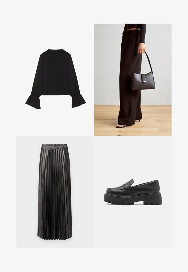 Svart langermet topp med utsvingte mansjetter, myk tekstur og avslappet passform, med enkel rund hals.; Svart, plisserad maxiskjørt med elastisk midje, som har en blank, teksturert overflate og vertikale plisseringer over hele lengden.; Sorte lærloafere med en lav, kraftig gummisåle, sydd detaljer på overdelen, og en glatt tekstur.; Svart håndveske med strukturert form, jevn tekstur og metallisk lås. Kombinert med brede svarte bukser og sandaler med åpen tå på tregulv.
