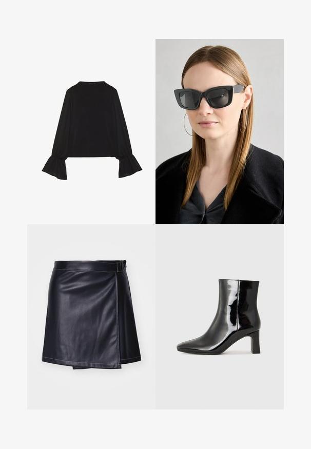 Top preto de mangas longas com punhos largos, textura suave e um corte descontraído, com um simples decote redondo.; Saia mini em pele preta com um design em sobreposição, apresentando uma textura suave, detalhes em costura branca e uma cintura ajustada.; Botim de tornozelo em pele sintética preta com bico apontado e salto bloco de altura média. Textura suave e design minimalista.; Óculos de sol pretos em formato de gato com lentes escuras, armações grossas e acentos subtis. Usados com um casaco preto e uma blusa cinza, apresentando cabelo longo e liso.