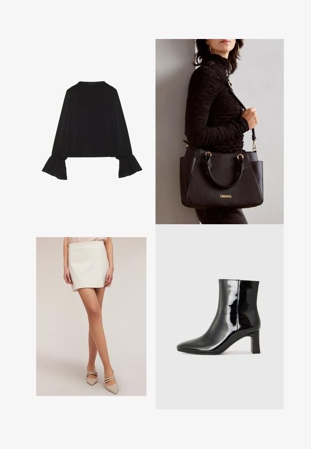 Top negro de manga larga con puños acampanados, textura suave y un ajuste relajado, con un sencillo cuello redondo.; Mini falda blanca de corte recto, con líneas limpias y una textura suave. Combinada con zapatos beige de punta puntiaguda con dos tiras alrededor del tobillo.; Botín de charol negro con punta afilada y un tacón de bloque de altura media. Textura suave y diseño minimalista.; Bolso negro con superficie texturizada, doble asa superior y correa para hombro ajustable. Presenta herrajes en tono dorado y bolsillos laterales.