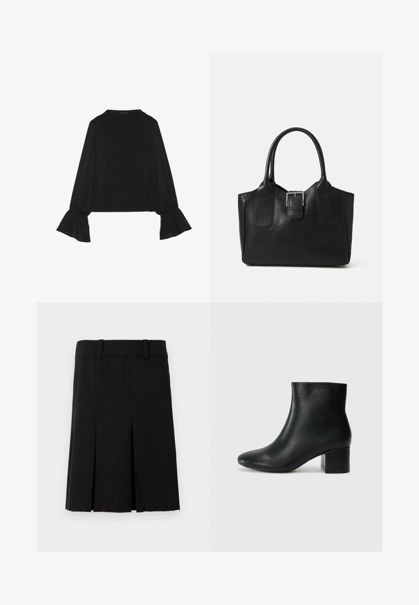 Top preto de mangas longas com punhos largos, textura suave e um corte descontraído, com um simples decote redondo.; Saia preta plissada feita de um tecido com uma textura suave. Apresenta um cós ajustado e um corte reto com uma bainha até ao joelho.; Botas de tornozelo em pele preta com bico pontiagudo e um salto robusto. Textura suave com acentos mínimos e um design ajustado e elegante.; Bolsa tote de couro preta com textura suave, forma estruturada, duas alças e um destaque prateado proeminente na parte da frente.