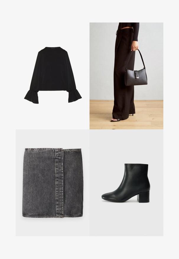 Črn dolg rokav vrh z razširjenimi manšetami, mehko teksturo in sproščenim krojem, z preprostim okroglim izrezom.; Temno siva denim krila s ravnim krojem, vidno šivanje ob straneh in surov rob na spodnjem robu.; Črne usnjene gležnjarje s koničastim nosom in debelim peto. Gladka tekstura z minimalnimi detajli in eleganten, prilegajoč dizajn.; Črna torbica z strukturirano obliko, gladko teksturo in kovinskim zaponko. Ujemajo se z širokimi črnimi hlačami in odprtimi sandali na lesenem tleh.