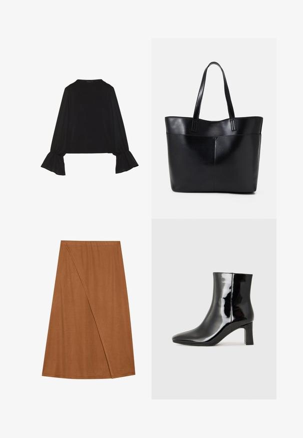 Zwarte langemouwen top met uitlopende manchetten, een zachte textuur en een relaxed fit, met een eenvoudige ronde halslijn.; Bruine, knielange wikkelrok gemaakt van zachte stof. Kenmerkt zich door een asymmetrisch ontwerp met een zijnaaddetail en een gladde textuur.; Zwarte gepolijste leren enkellaars met een spitse neus en een blokhak van gemiddelde hoogte. Glad textuur en minimalistisch ontwerp.; Zwarte leren tote bag met twee lange handvatten, een zachte textuur en een gestructureerde vorm. Voorzien van een voorvak voor extra opslagruimte.