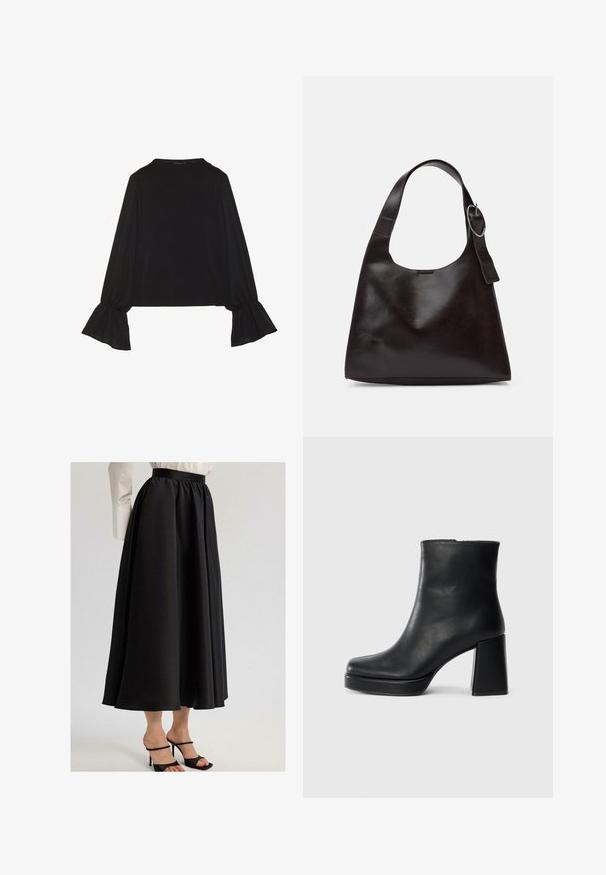 Black long-sleeve top featuring flared cuffs, soft texture, and a relaxed fit, with a simple round neckline.; Black maxi skirt made of smooth fabric, featuring a gathered waistband and flowing design, paired with black strappy heels.; Black leather ankle boot with a block heel and platform sole, viewed from the side on a plain white background.; Brown leather shoulder bag with a smooth texture, rounded shape, wide strap, and circular metallic accent on the handle.
