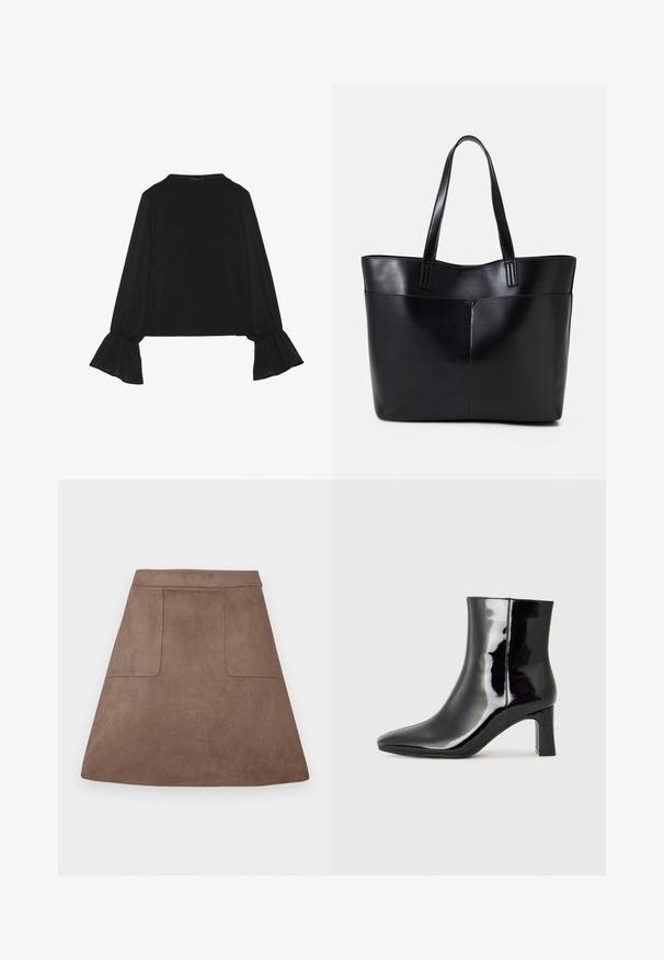 Top preto de mangas longas com punhos largos, textura suave e um corte descontraído, com um simples decote redondo.; Saia em camurça castanha em formato A, com uma textura suave, apresentando dois bolsos frontais e uma cintura sem costura, projetada para um comprimento acima do joelho.; Botim de tornozelo em pele sintética preta com bico apontado e salto bloco de altura média. Textura suave e design minimalista.; Bolsa tote preta em couro com duas alças longas, textura suave e forma estruturada. Apresenta um bolso frontal para armazenamento adicional.