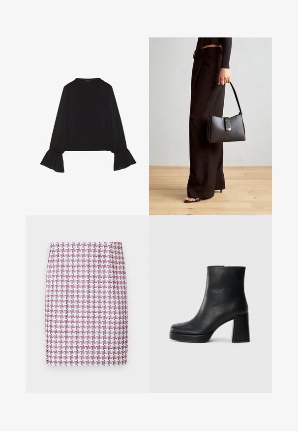 Čierny top s dlhými rukávmi, flitrovanými manžetami, mäkkou textúrou a voľným strihom, s jednoduchým okrúhlym výstrihom.; Tkaná sukňa v červenej, bielej a modrej kárované vzor, s rovnou siluetou a hladkou textúrou, s pásom do strednej výšky.; Čierne kožené členkové topánky s blokovým podpätkom a platformovou podrážkou, zobrazené z boku na bielom pozadí.; Čierna kabelka so štruktúrovaným tvarom, hladkou textúrou a kovovou sponou. V kombinácii so širokými čiernymi nohavicami a sandálmi s otvorenou špičkou na drevenej podlahe.