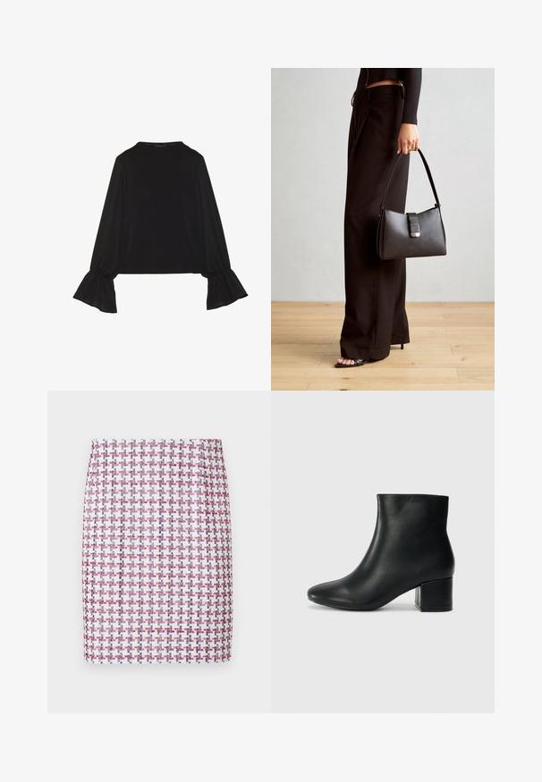 Černý top s dlouhými rukávy, který má rozšířené manžety, jemnou texturu a volný střih, s jednoduchým kulatým výstřihem.; Tkaná sukně v červeno-bílo-modré kostkované vzoru, s rovným střihem a hladkou strukturou, s mírně zvýšeným pasem.; Černé kožené kotníkové boty s špičatou špičkou a robustním podpatkem. Hladký povrch s minimálními akcenty a elegantním, přiléhavým designem.; Černá kabelka se strukturovaným tvarem, hladkým povrchem a kovovým uzávěrem. Kombinována s širokými černými kalhotami a sandály s otevřenou špičkou na dřevěné podlaze.