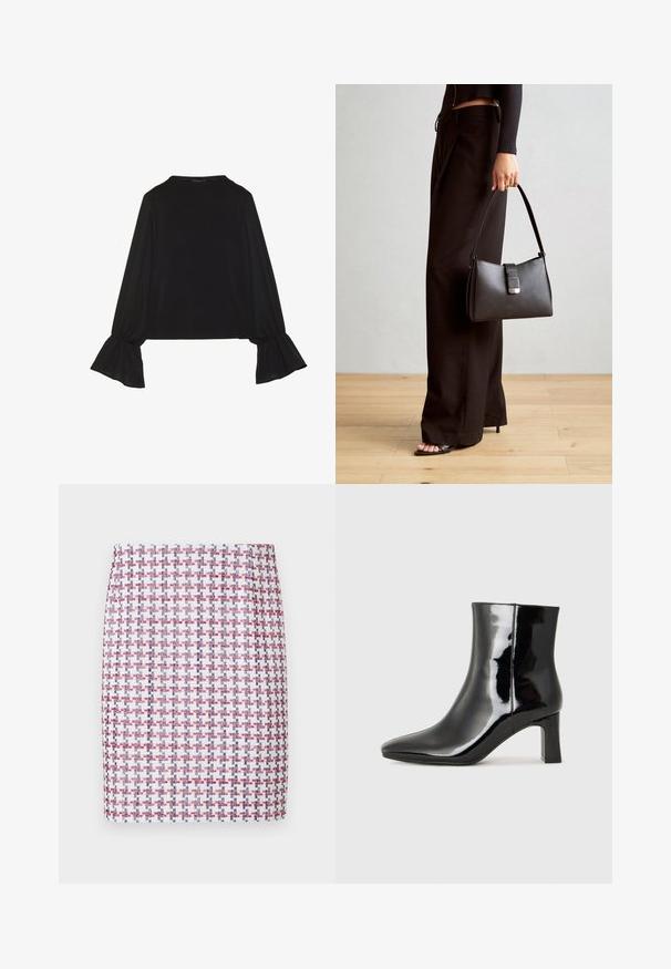 Top noir à manches longues avec des poignets évasés, texture douce et coupe décontractée, doté d'un col rond simple.; Jupe tissée à motifs quadrillés rouge, blanc et bleu, présentant un design droit et une texture lisse, avec une taille mi-haute.; Bottines en cuir verni noir avec un bout pointu et un talon block de hauteur moyenne. Texture lisse et design minimaliste.; Sac à main noir à la forme structurée, texture lisse et fermoir métallique. Associé à un pantalon noir ample et des sandales ouvertes sur un sol en bois.