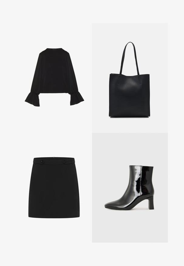 Top noir à manches longues avec des poignets évasés, texture douce et coupe décontractée, doté d'un col rond simple.; Jupe mini noire en tissu lisse présentant un design simple, une taille plate et deux accents de boutons décoratifs à l'avant.; Bottines en cuir verni noir avec un bout pointu et un talon block de hauteur moyenne. Texture lisse et design minimaliste.; Sac fourre-tout en cuir noir avec une texture lisse, de forme rectangulaire et deux longues poignées. Pas de matériel ou d'ornementations visibles.