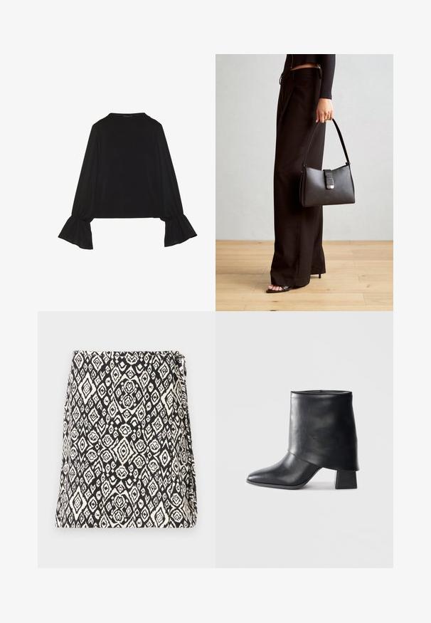 Svart langermet topp med utsvingte mansjetter, myk tekstur og avslappet passform, med enkel rund hals.; Svart og hvit veske med et geometrisk diamantmønster, laget av stoff med en teksturert overflate. Designet med en klaffåpning.; Sorte lær ankle boot med spiss tå, glatt tekstur og en strukturert blokkhæl. Har et høyt, brettet mansjett-design.; Svart håndveske med strukturert form, jevn tekstur og metallisk lås. Kombinert med brede svarte bukser og sandaler med åpen tå på tregulv.