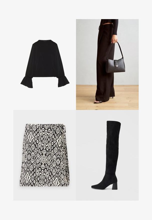 Schwarz langärmliges Oberteil mit ausgestellt geschnittenen Bündchen, weicher Textur und entspannter Passform, mit einem schlichten runden Halsausschnitt.; Schwarz-weiße Tasche mit einem geometrischen Diamantmuster, hergestellt aus einem Stoff mit strukturiertem Finish. Entworfen mit einem Klappenverschluss.; Schwarze Wildleder-Stiefel bis zum Knie mit Blockabsatz, spitzer Zehe und glattem, nahtlosem Design auf einem schlichten, hellen Hintergrund.; Schwarze Handtasche mit strukturierter Form, glatter Textur und einem metallischen Verschluss. Kombiniert mit weiten schwarzen Hosen und offenen Sandalen auf einem Holzboden.