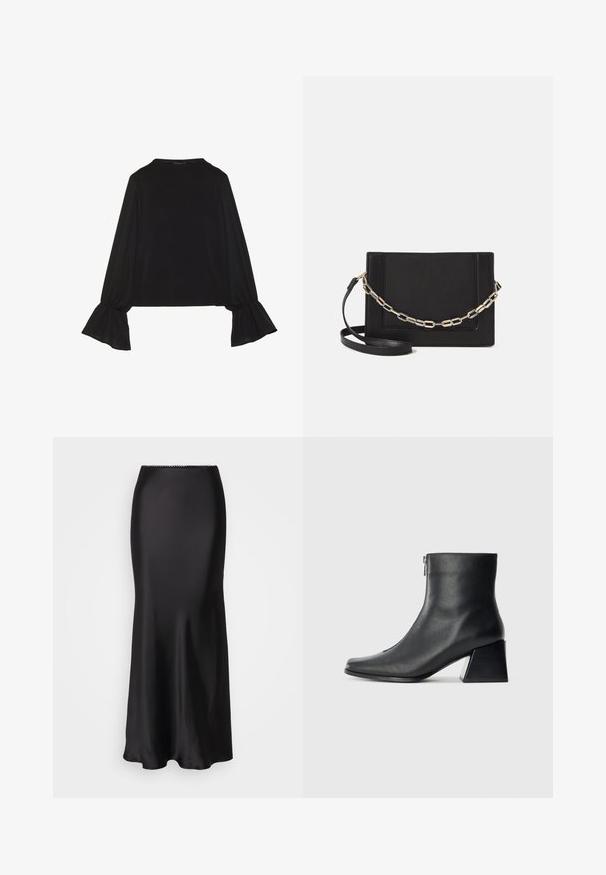 Fekete, hosszú ujjú felső, harang alakú mandzsettákkal, puha textúrával és laza szabással, egyszerű, kerek nyakkivágással.; Fekete selyem midi szoknya sima textúrával, testhezálló fazonnal és fodros szegéllyel. A derékrésznél csipkés, hullámos díszítés található.; Fekete bőr bokacsizma négyzetes orral, oldalsó cipzárral és tömbsarkal, egyszínű világos háttér előtt.; Fekete bőr keresztpántos táska, sima textúrával, téglalap alakú és fém lánc részlettel az elején. Állítható pánttal ellátva.