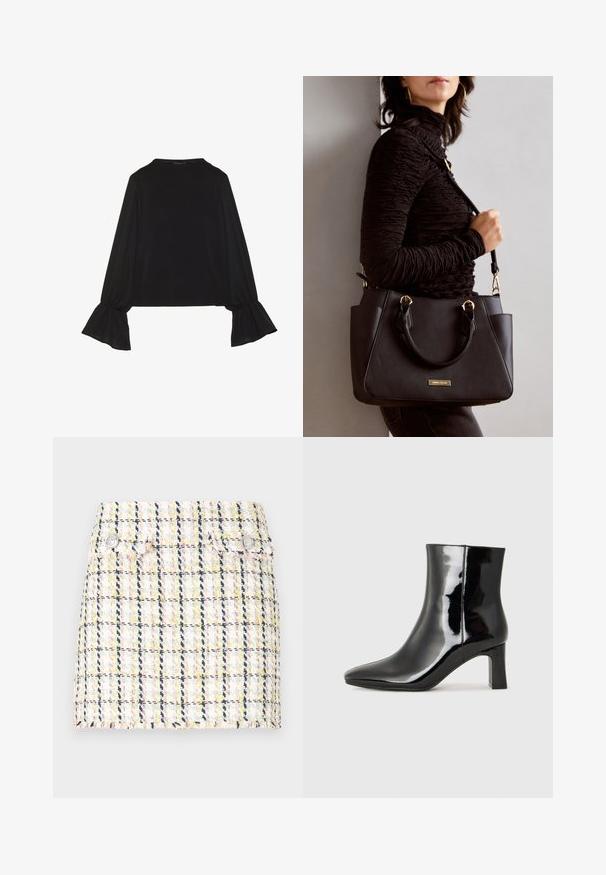 Maglietta nera a maniche lunghe con polsini svasati, texture morbida e vestibilità rilassata, con un semplice collo rotondo.; Gonna mini in tweed con un motivo a quadretti multicolore, orlo sfilacciato e due bottoni metallici davanti.; Stivaletto in pelle verniciata nera con punta a punta e tacco a blocco di altezza media. Texture liscia e design minimalista.; Borsa nera con superficie texturizzata, manici superiori doppi e tracolla regolabile. Dotata di hardware color oro e tasche laterali.