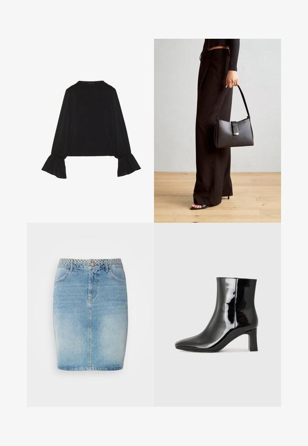 Juoda ilgomis rankovėmis palaidinė su išsiplėtusiais rankogaliais, minkšta tekstūra ir laisva forma, su paprastu apvaliu kaklu.; Šviesiai mėlynas džinsinis sijonas su prigludusia forma, kuris turi dekoratyvų modeliuotą juosmenį, priekinėmis kišenėmis ir šiek tiek išblukimu, suteikiančiu papildomą tekstūrą.; Juodos lakuotos odinės aulinukės su smailiu pirštu ir vidutinio aukščio blokuotu kulnu. Lygus paviršius ir minimalistinis dizainas.; Juodas rankinė struktūrizuota forma, lygi tekstūra ir metalinis užsegimas. Suporuota su plačiomis juodomis kelnėmis ir atvirais bateliais ant medinių grindų.