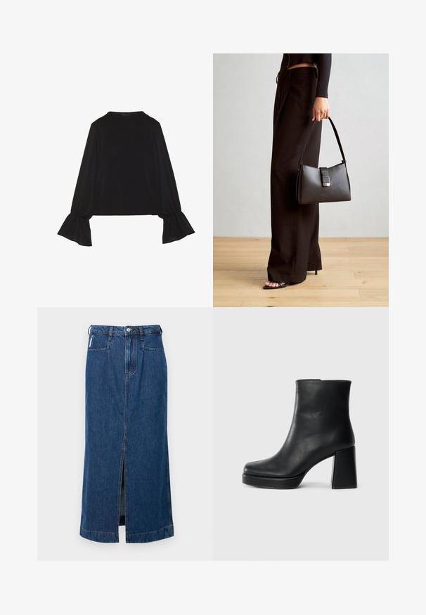 Černý top s dlouhými rukávy, který má rozšířené manžety, jemnou texturu a volný střih, s jednoduchým kulatým výstřihem.; Tmavě modrá denimová midi sukně s předním rozparkem, pěti kapsami a poutky na opasek v pase. Hladká, robustní textura.; Černý kožený kotníkový bot s blokovým podpatkem a platformou, viděný z boku na jednoduchém bílém pozadí.; Černá kabelka se strukturovaným tvarem, hladkým povrchem a kovovým uzávěrem. Kombinována s širokými černými kalhotami a sandály s otevřenou špičkou na dřevěné podlaze.