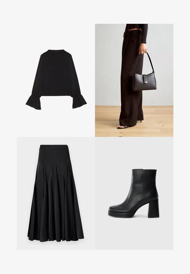 Sort langærmet top med flagrende manchetter, blød tekstur og en afslappet pasform, samt en enkel rund halsudskæring.; Sort flared nederdel med elastisk talje, lavet af et glat stof, med plisserede detaljer for ekstra tekstur og bevægelse.; Sort læder ankelstøvle med blokhæl og platformssål, set fra siden på en ensfarvet hvid baggrund.; Sort håndtaske med struktureret form, glat overflade og metalspænde. Sammen med brede sorte bukser og sandaler med åben tå på trægulv.