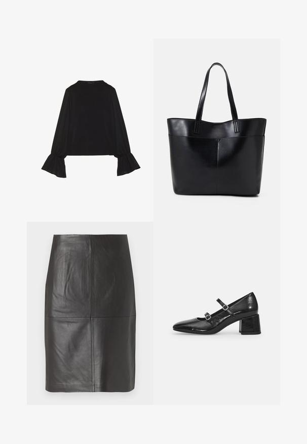 Mustsärgid musta tooniga, pika varrukaga, flöödid käised, pehme tekstuur ja vabalt langev lõige, lihtsa ümaraga kaelusega.; Must mustkas musta nahast, millel on sile tekstuur, vertikaalsed õmblused ja sirge lõikega disain. Ei mingeid nähtavaid metallosi ega dekoratiivelemente.; Mustad muste nahast Mary Jane kingad terava ninaga, kahe reguleeritava rihmaga ja paksu plokkniidi kontsaga. Sile tekstuur ja läikiv viimistlus.; Must mustaga musta nahast, millel on kaks pikka kanda, sile tekstuur ja struktureeritud kuju. Esipoolsel on lisakoti jaoks tasku.