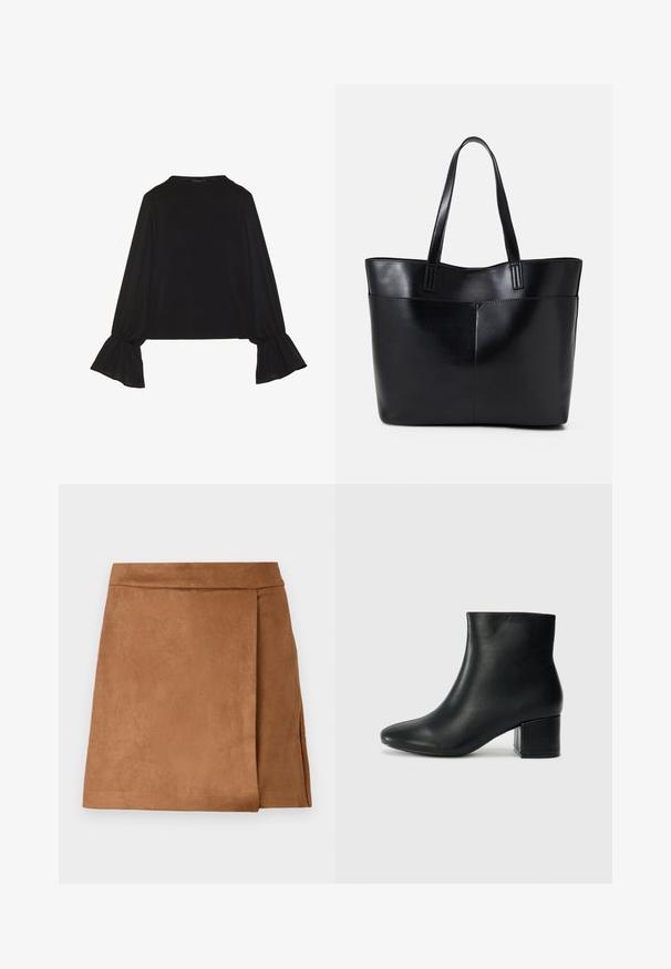 Mustsärgid musta tooniga, pika varrukaga, flöödid käised, pehme tekstuur ja vabalt langev lõige, lihtsa ümaraga kaelusega.; Pruunist nahast mini-seeliku, millel on ümmargune disain, sujuva tekstuuri ja puhta viimistlusega serv. Pole nähtavaid riistvara ega aksessuaare.; Mustad nahast pahkluu saapad terava varbaga ja jämeda kandaga. Sile tekstuur minimaalse aktsentidega ja stiilne, lihvitud disain.; Must mustaga musta nahast, millel on kaks pikka kanda, sile tekstuur ja struktureeritud kuju. Esipoolsel on lisakoti jaoks tasku.