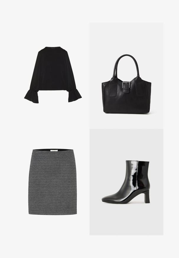 Top noir à manches longues avec des poignets évasés, texture douce et coupe décontractée, doté d'un col rond simple.; Jupe en pied-de-poule noir et blanc avec une silhouette ajustée, texture lisse et une taille. Pas de matériel visible ni de motifs autre que le design pied-de-poule.; Bottines en cuir verni noir avec un bout pointu et un talon block de hauteur moyenne. Texture lisse et design minimaliste.; Sac fourre-tout en cuir noir avec une texture lisse, une forme structurée, deux poignées et un détail en boucle argentée proéminent à l'avant.