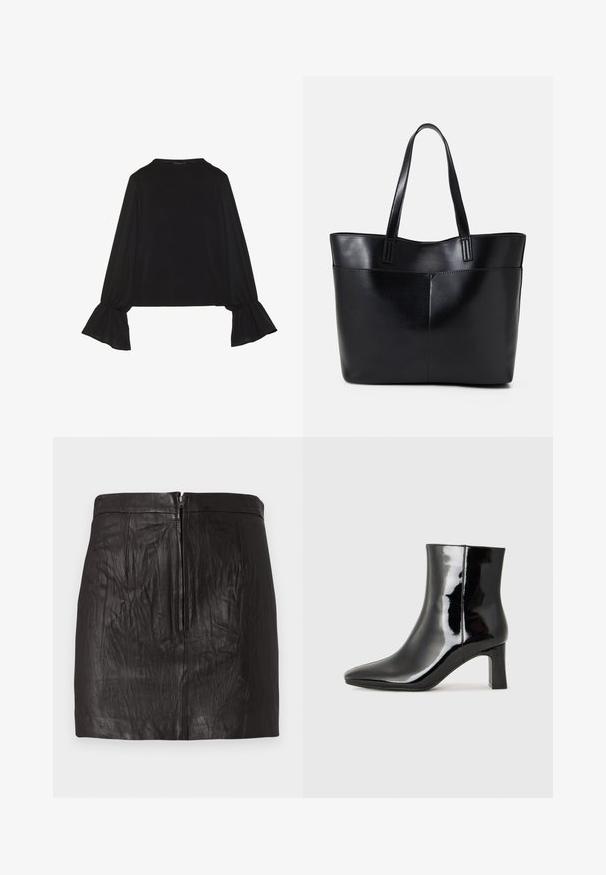 Svart langermet topp med utsvingte mansjetter, myk tekstur og avslappet passform, med enkel rund hals.; Svart skinn mini-skjørt med glidelås foran og subtile vertikale sømdetaljer mot en ensfarget bakgrunn.; Sorte patentlær ankle boot med spiss tå og en mellomhøy blokkhelt. Glatt tekstur og minimalistisk design.; Svart lær toteveske med to lange håndtak, en glatt tekstur og en strukturert form. Har en frontlomme for ekstra oppbevaring.