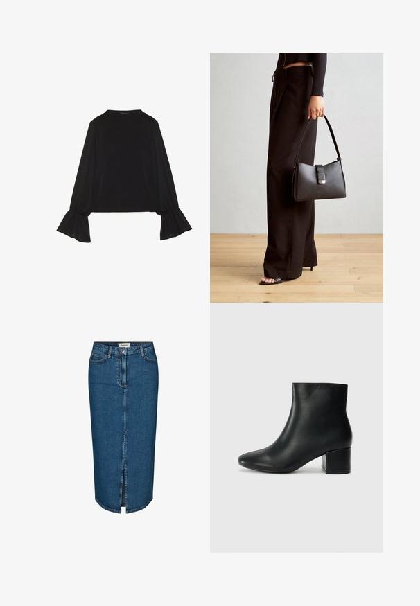 Fekete, hosszú ujjú felső, harang alakú mandzsettákkal, puha textúrával és laza szabással, egyszerű, kerek nyakkivágással.; Sötétkék farmer ceruzaszoknya, elülső hasítékkal, öt zsebbel és kontrasztos varrással. Közepes derékmagasság, klasszikus dizájn.; Fekete bőr bokacsizma hegyes orral és vastag sarokkal. Sima felület minimális díszítéssel és karcsú, passzos kialakítással.; Fekete kézi táska strukturált formával, sima textúrával és fémből készült záródással. Széles fekete nadrággal és nyitott orrú szandállal párosítva, fából készült padlón.