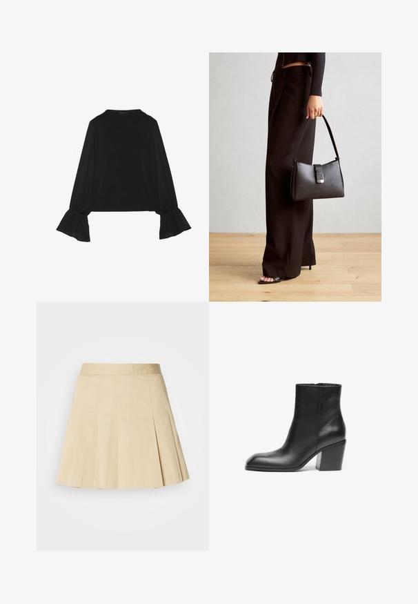 Černý top s dlouhými rukávy, který má rozšířené manžety, jemnou texturu a volný střih, s jednoduchým kulatým výstřihem.; Plisovaná sukně ze světle béžové bavlny, s pasem a čtyřmi vertikálními švy vpředu. Spodní okraj je mírně rozšířený pro snadný pohyb.; Černé kožené kotníkové boty se čtveratou špičkou a masivním blokovým podpatkem. Hladký povrch a minimalistický design. Postranní zip pro snadné obouvání.; Černá kabelka se strukturovaným tvarem, hladkým povrchem a kovovým uzávěrem. Kombinována s širokými černými kalhotami a sandály s otevřenou špičkou na dřevěné podlaze.