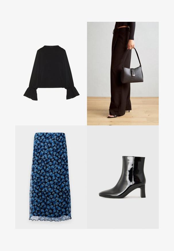 Top negro de manga larga con puños acampanados, textura suave y un ajuste relajado, con un sencillo cuello redondo.; Falda de estampado floral en azul marino con patrones de margaritas en azul claro, tela transparente, dobladillo con forma de onda y silueta recta.; Botín de charol negro con punta afilada y un tacón de bloque de altura media. Textura suave y diseño minimalista.; Bolso negro con forma estructurada, textura suave y un cierre metálico. Combinado con pantalones anchos negros y sandalias de dedo en un suelo de madera.