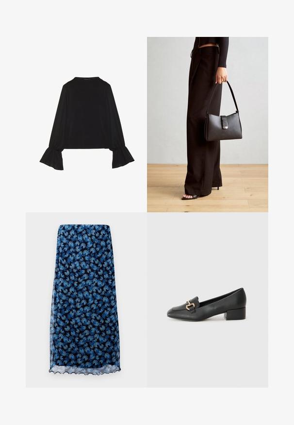 Schwarz langärmliges Oberteil mit ausgestellt geschnittenen Bündchen, weicher Textur und entspannter Passform, mit einem schlichten runden Halsausschnitt.; Blumenmusterrock in Marineblau mit hellblauen Gänseblümchenmustern, aus durchscheinendem Stoff, mit gewelltem Saum und geradem Schnitt.; Schwarze Lederloafers mit flachem Absatz, die auf der Vorderseite ein dekoratives goldfarbenes Hardware-Detail und eine glatte Textur aufweisen.; Schwarze Handtasche mit strukturierter Form, glatter Textur und einem metallischen Verschluss. Kombiniert mit weiten schwarzen Hosen und offenen Sandalen auf einem Holzboden.