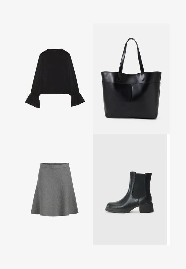 Svart langermet topp med utsvingte mansjetter, myk tekstur og avslappet passform, med enkel rund hals.; Grå slengskjørt laget av mykt stoff, med en glatt midjebånd og en kant som buer ut mykt, med en subtil tekstur og uten mønstre.; Sorte skinn ankle boots med elastiske sidepaneler, rund tå og en lav blokk hæl. Overflaten har en jevn tekstur og minimal detaljering.; Svart lær toteveske med to lange håndtak, en glatt tekstur og en strukturert form. Har en frontlomme for ekstra oppbevaring.; Sett med sølvøredobber i forskjellige stiler: tre par hoops, to par med teksturerte overflater, som har ulike former og størrelser.