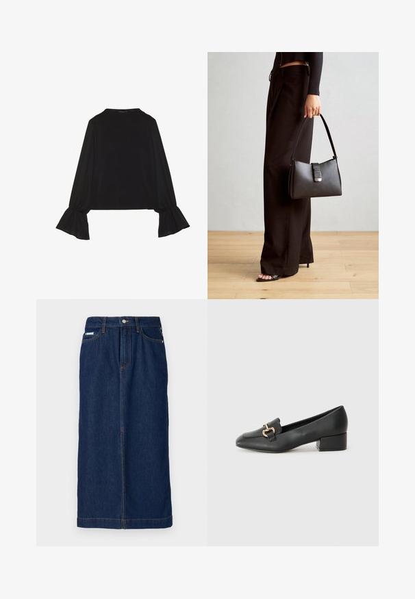 Fekete, hosszú ujjú felső, harang alakú mandzsettákkal, puha textúrával és laza szabással, egyszerű, kerek nyakkivágással.; Sötétkék denim szoknya egyenes szabással, narancssárga varrással, övbújtatós derékkal és elülső zsebekkel.; Fekete bőr loaferek lapos talppal, dekoratív arany hardware részlettel az elején és sima felülettel.; Fekete kézi táska strukturált formával, sima textúrával és fémből készült záródással. Széles fekete nadrággal és nyitott orrú szandállal párosítva, fából készült padlón.