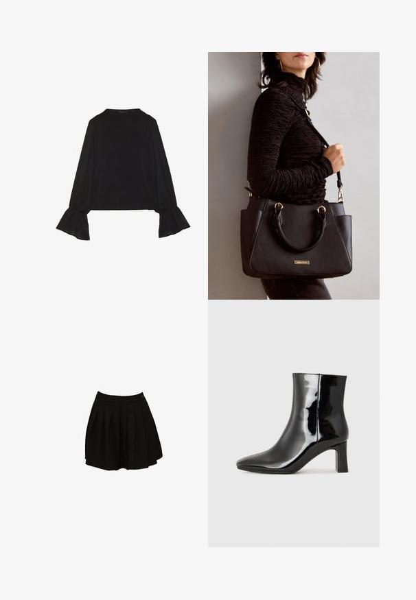 Zwarte langemouwen top met uitlopende manchetten, een zachte textuur en een relaxed fit, met een eenvoudige ronde halslijn.; Zwarte geplooide rok met een aansluitende tailleband en een enkele knoopdetail. De stof lijkt glad en lichtgewicht, ontworpen voor een uitlopende silhoutte.; Zwarte gepolijste leren enkellaars met een spitse neus en een blokhak van gemiddelde hoogte. Glad textuur en minimalistisch ontwerp.; Zwarte handtas met gestructureerd oppervlak, dubbele bovenhandvatten en verstelbare schouderriem. Voorzien van goudkleurige hardware en zijzakken.