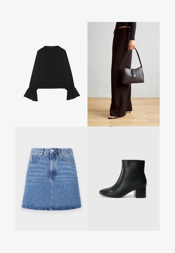 Zwarte langemouwen top met uitlopende manchetten, een zachte textuur en een relaxed fit, met een eenvoudige ronde halslijn.; Jeansrok met een uitlopende A-lijn vorm, lichtblauwe wassing, twee voorkruiszakken en een knoopsluiting bij de taille. Stikseldetails zichtbaar.; Zwarte leren enkellaarzen met een spitse neus en een chunky hak. Gladde textuur met minimale accenten en een slank, strakk ontwerp.; Zwarte handtas met gestructureerde vorm, gladde textuur en een metalen sluiting. Gecombineerd met brede zwarte broeken en sandalen met open teen op een houten vloer.