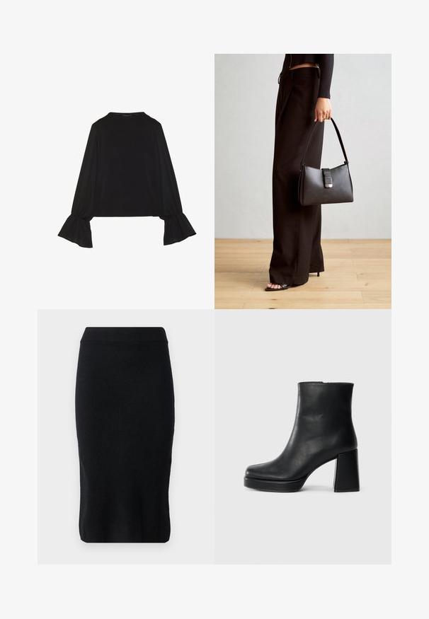 Černý top s dlouhými rukávy, který má rozšířené manžety, jemnou texturu a volný střih, s jednoduchým kulatým výstřihem.; pure cashmere STRAIGHT MIDI SKIRT - Pouzdrová sukně - black; Černý kožený kotníkový bot s blokovým podpatkem a platformou, viděný z boku na jednoduchém bílém pozadí.; Černá kabelka se strukturovaným tvarem, hladkým povrchem a kovovým uzávěrem. Kombinována s širokými černými kalhotami a sandály s otevřenou špičkou na dřevěné podlaze.