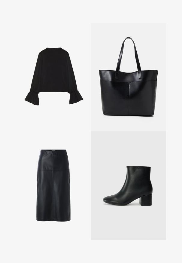 Schwarz langärmliges Oberteil mit ausgestellt geschnittenen Bündchen, weicher Textur und entspannter Passform, mit einem schlichten runden Halsausschnitt.; Schwarze Lederrock mit gerader Silhouette, mit glatter Textur, Taillenbund und detaillierter Naht auf den Vorderpaneelen.; Schwarze Leder-Ankle-Boots mit spitzem Zehenbereich und klobigem Absatz. Glatte Textur mit minimalen Akzenten und einem eleganten, taillierten Design.; Schwarze Leder-Shopper-Tasche mit zwei langen Griffen, einer glatten Textur und einer strukturierten Form. Verfügt über eine Vordertasche für zusätzlichen Stauraum.