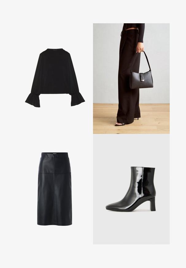 Mustsärgid musta tooniga, pika varrukaga, flöödid käised, pehme tekstuur ja vabalt langev lõige, lihtsa ümaraga kaelusega.; Mustast nahast seelik sirge siluetiga, sileda tekstuuri, vöökoha ja detailse õmblusega esitahkedel.; Must-sinine nahkjalats musta läikiva viimistlusega, millel on terav nina ja keskmise kõrgusega plokk konts. Sile tekstuur ja minimalistik disain.; Must musta kott, millel on struktureeritud kuju, sile tekstuur ja metallist klamber. Kombineeritud laiate mustade pükstega ja avatud varvaste sandaalidega puidust põrandal.