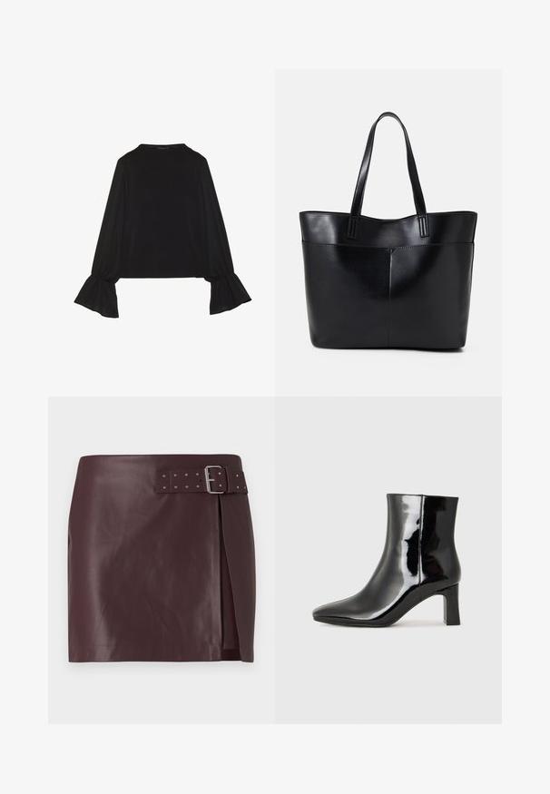 Black long-sleeve top featuring flared cuffs, soft texture, and a relaxed fit, with a simple round neckline.; Burgundy faux leather skirt with a belted waist and metallic buckle, featuring a side slit and smooth, polished texture.; Black patent leather ankle boot with a pointed toe and a mid-height block heel. Smooth texture and minimalist design.; Black leather tote bag with two long handles, a smooth texture, and a structured shape. Features a front pocket for additional storage.