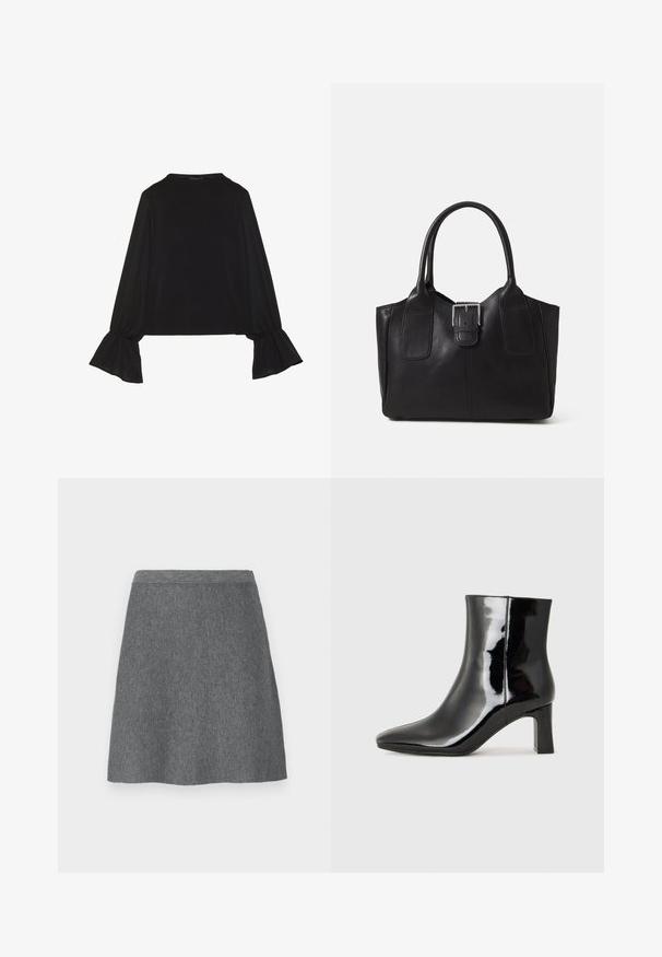 Black long-sleeve top featuring flared cuffs, soft texture, and a relaxed fit, with a simple round neckline.; Gray wool skirt with a fitted waistband, A-line shape, and smooth texture. No pockets or visible hardware details.; Black patent leather ankle boot with a pointed toe and a mid-height block heel. Smooth texture and minimalist design.; Black leather tote bag with smooth texture, structured shape, two handles, and a prominent silver buckle detail on the front.