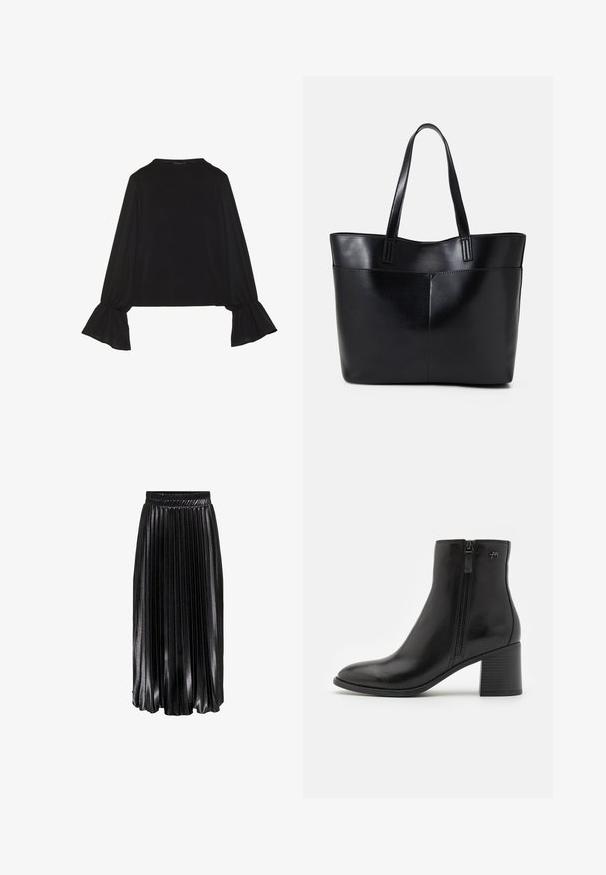 Čierny top s dlhými rukávmi, flitrovanými manžetami, mäkkou textúrou a voľným strihom, s jednoduchým okrúhlym výstrihom.; Čierna plisovaná midi sukňa s lesklým povrchom, elastickým pásom a výraznými vertikálnymi záhybmi, ktorá ponúka textúrovaný a prúdiaci vzhľad.; Čierne členkové boty z hladkej kože so zipsom na boku. Majú špicatú špičku a textúrovaný blokový opätok pre stabilitu.; Čierna kožená tote taška s dvoma dlhými rúčkami, hladkým povrchom a štruktúrovaným tvarom. Obsahuje prednú kapsu pre dodatočné uskladnenie.