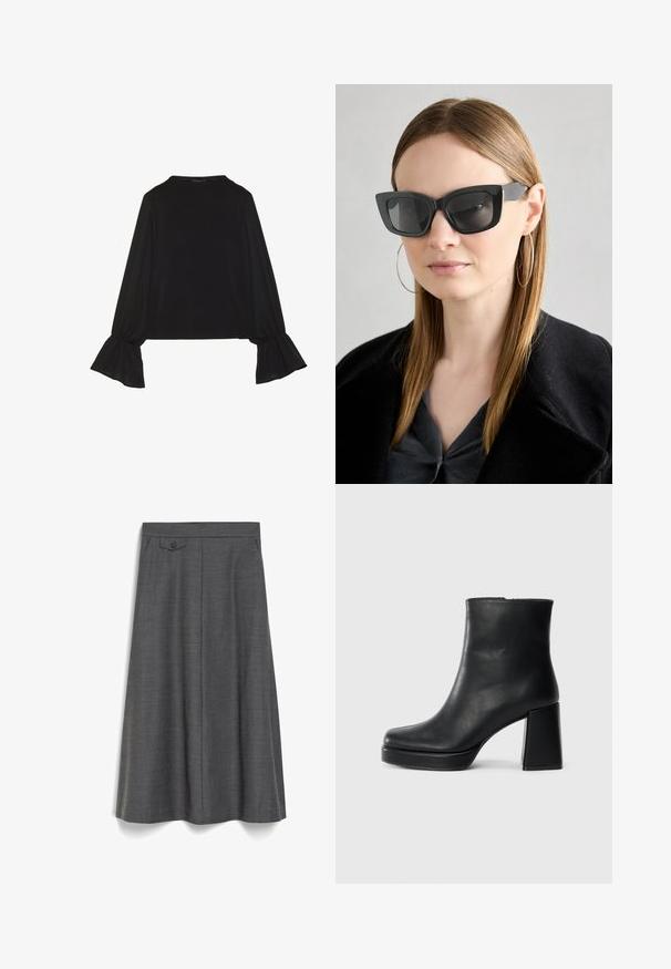 Top negro de manga larga con puños acampanados, textura suave y un ajuste relajado, con un sencillo cuello redondo.; Falda gris hasta la rodilla hecha de un tejido texturizado, con cierre de botones en la parte frontal, cintura ajustada y sutiles pliegues para mayor movimiento.; Botín de cuero negro con tacón cuadrado y suela de plataforma, visto de lado sobre un fondo blanco liso.; Gafas de sol de gato negro con lentes oscuros, montura gruesa y acentos sutiles. Llevadas con un abrigo negro y una blusa gris, presentando cabello largo y liso.