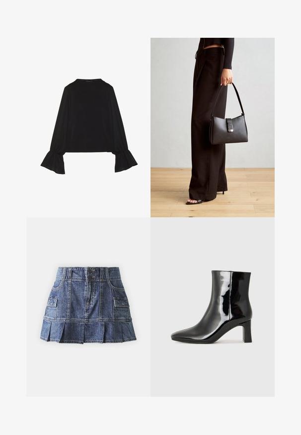 Zwarte langemouwen top met uitlopende manchetten, een zachte textuur en een relaxed fit, met een eenvoudige ronde halslijn.; Hollister Co. PLEATED UTILITY SKIRT - Plooirok - medium denim; Zwarte gepolijste leren enkellaars met een spitse neus en een blokhak van gemiddelde hoogte. Glad textuur en minimalistisch ontwerp.; Zwarte handtas met gestructureerde vorm, gladde textuur en een metalen sluiting. Gecombineerd met brede zwarte broeken en sandalen met open teen op een houten vloer.