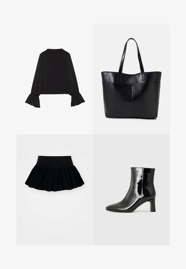 Czarny top z długim rękawem, z rozkloszowanymi mankietami, miękką fakturą i luźnym krojem, z prostym okrągłym dekoltem.; Czarna spódnica w kształcie dzwonu z marszczonym, teksturowanym materiałem i szerokim pasem w talii. Prosty design, bez wzorów czy elementów metalowych.; Czarne lakierowane botki za kostkę z wysmukłym noskiem i średniej wysokości obcasem w kształcie słupka. Gładka tekstura i minimalistyczny design.; Czarna skórzana torba na ramię z dwoma długimi uchwytami, gładką teksturą i sztywną formą. Posiada przednią kieszeń dla dodatkowego przechowywania.