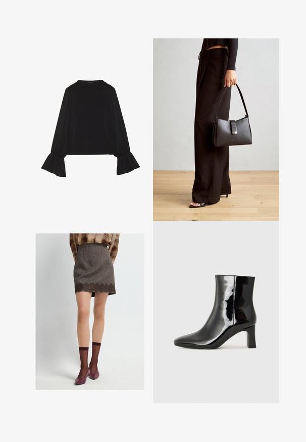 Svart långärmad topp med utställda ärmslut, mjuk textur och avslappnad passform, med en enkel rund halsringning.; Brun texturerad minikjol med spetsdetaljer, parat med bordeauxfärgade genomskinliga strumpor och matchande låga skor.; Svart lackläder ankelboot med spetsig tå och en medelhög klack. Slät textur och minimalistisk design.; Svart handväska med strukturerad form, slät yta och metallspänne. Matchad med vida svarta byxor och sandaler med öppen tå på trägolv.