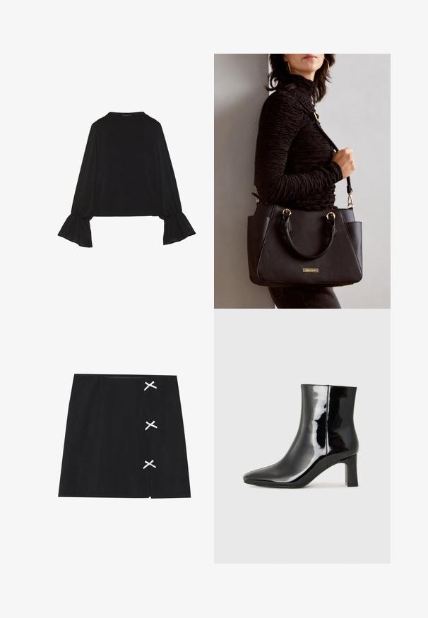 Top negru cu mânecă lungă, cu mansete evazate, textură moale și croială lejeră, având un guler rotund simplu.; Fustă mini neagră cu o textură netedă, având panglici albe încrucișate pe partea stângă. Design simplu cu o croială dreaptă.; Botine negre din piele lacuită, cu vârful ascuțit și toc bloc de înălțime medie. Textură netedă și design minimalist.; Geantă de umăr neagră cu suprafață texturată, cu două mânere superioare și curea de umăr ajustabilă. Dispune de accesorii metalice de culoare aurie și buzunare laterale.