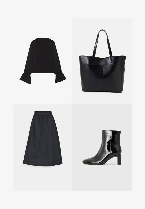 Mustsärgid musta tooniga, pika varrukaga, flöödid käised, pehme tekstuur ja vabalt langev lõige, lihtsa ümaraga kaelusega.; Must_salhine, põlvepikkune seeliku, mis on valmistatud puuvillast. Omab kokku pandud vöökohta ja sujuvat tekstuuri, laienevat siluetti ja ilma nähtavate mustriteta.; Must-sinine nahkjalats musta läikiva viimistlusega, millel on terav nina ja keskmise kõrgusega plokk konts. Sile tekstuur ja minimalistik disain.; Must mustaga musta nahast, millel on kaks pikka kanda, sile tekstuur ja struktureeritud kuju. Esipoolsel on lisakoti jaoks tasku.