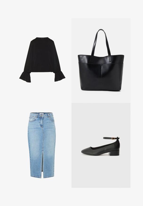 Maglietta nera a maniche lunghe con polsini svasati, texture morbida e vestibilità rilassata, con un semplice collo rotondo.; Gonna in denim blu chiaro con taglio dritto, spacco frontale, passanti per cintura e chiusura con bottone superiore. Presenta cuciture classiche e tasche.; Pump in pelle nera con punta affusolata e tacco basso a blocco. Presenta una cinghia alla caviglia con una fibbia in tonalità oro. Texture liscia.; Borsa a tracolla in pelle nera con due manici lunghi, una texture liscia e una forma strutturata. Presenta una tasca frontale per ulteriore spazio di archiviazione.