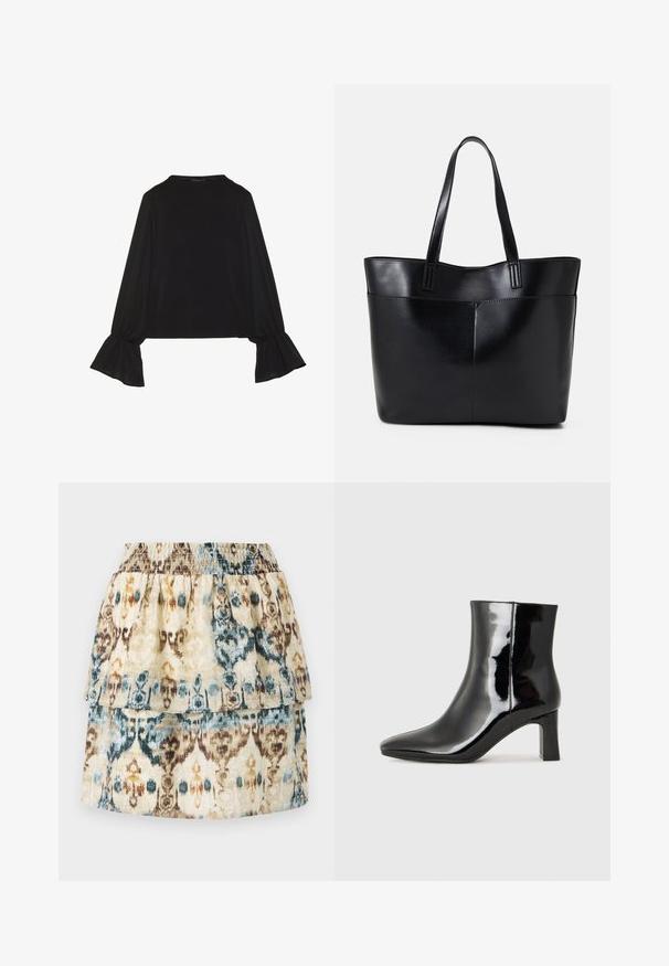 Musta pitkähihainen toppi, jossa on levenevät hihansuut, pehmeä rakenne ja rento fit, yksinkertaisella pyöreällä pääntiellä.; Kerroskointihame beigen värissä, jossa on ikat-kuvio sinisen ja ruskean sävyissä. Tässä on kuminauhavyötärö ja röyhelöhelma, jotka lisäävät tekstuuria.; Musta patenttilakattu nilkkuri, jossa on terävä kärki ja keskipitkä lohkarekorko. Silkkinen pinta ja minimalistinen muotoilu.; Musta nahkainen kassi, jossa on kaksi pitkää kahvaa, sileä pinta ja jämäkkä muoto. Sisältää etutaskun lisävarastointia varten.